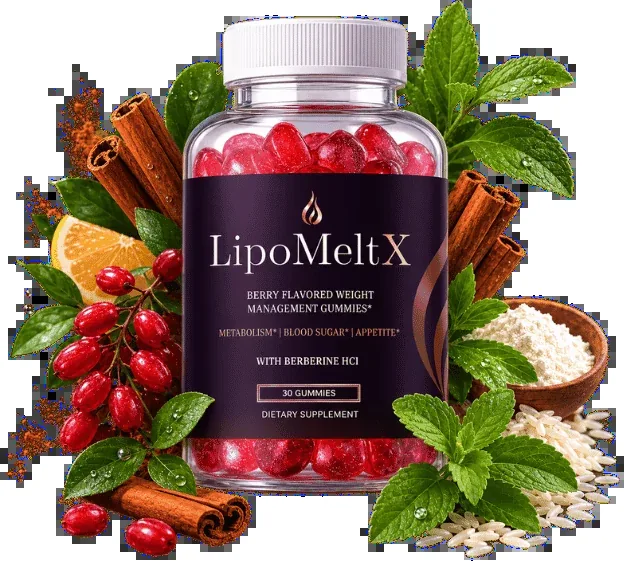 LipoMeltX berry weight loss gummy bottle with botanical imagery