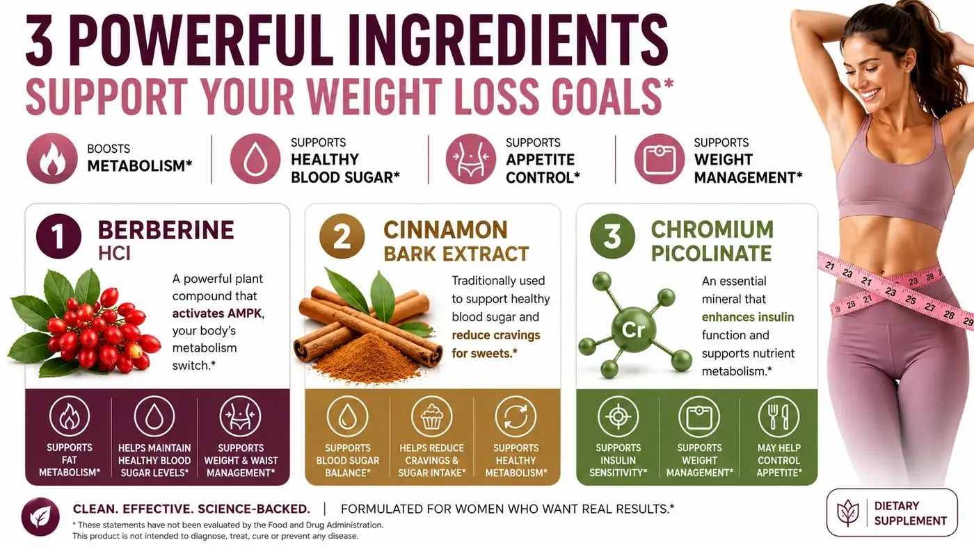 The LipoMeltX ingredient graphic naming berberine HCl, cinnamon bark extract and chromium picolinate