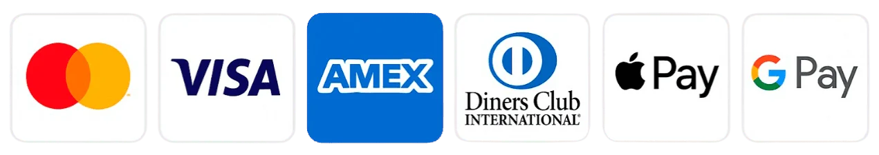 Accepted payment cards: Mastercard, Visa, American Express, Diners Club, Apple Pay and Google Pay